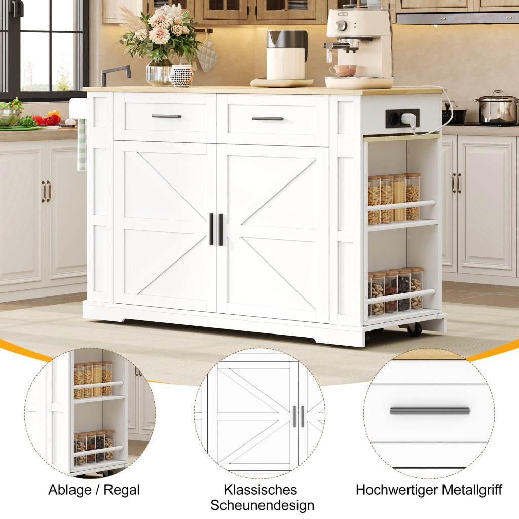 ISOLA CUCINA 130(205)x50x93 cm con prese, MDF Bianco/Legno