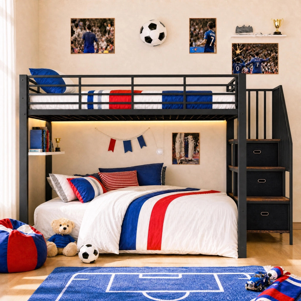 Letto a castello 140x200 cm in metallo e MDF con scala contenitore; LED e prese; nero