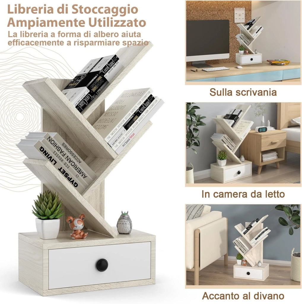 Libreria ad Albero a 5 Ripiani per Scrivania, Libreria Mini da Esposizione con Cassetto, Scaffale per Libri, 30 x 17,5 x 60 cm (Beige)