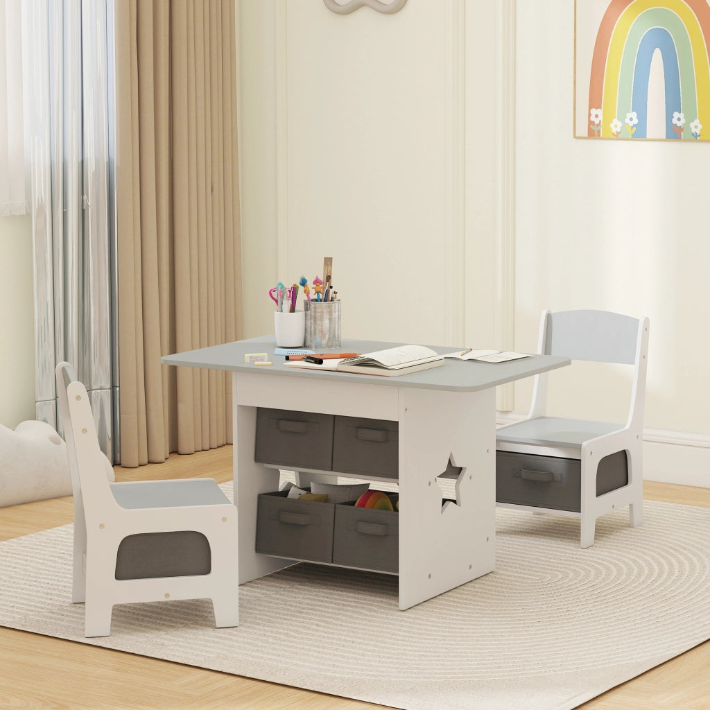 Set Tavolo e Sedie per Bambini 3-8 Anni con 6 Cassetti e Bordi Arrotondati, in Legno e Tessuto, Grigio e Bianco