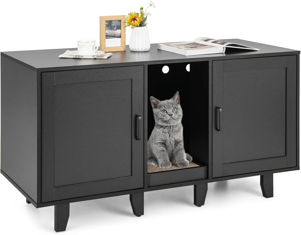 Mobile per Lettiera per Gatti 120 x 52 x 65 cm, Casetta per Gatti con 2 Ante, Fori, Tiragraffi e Gambe Staccabili, Mobile Versatile e Moderno per Salotto (Quercia grigia)