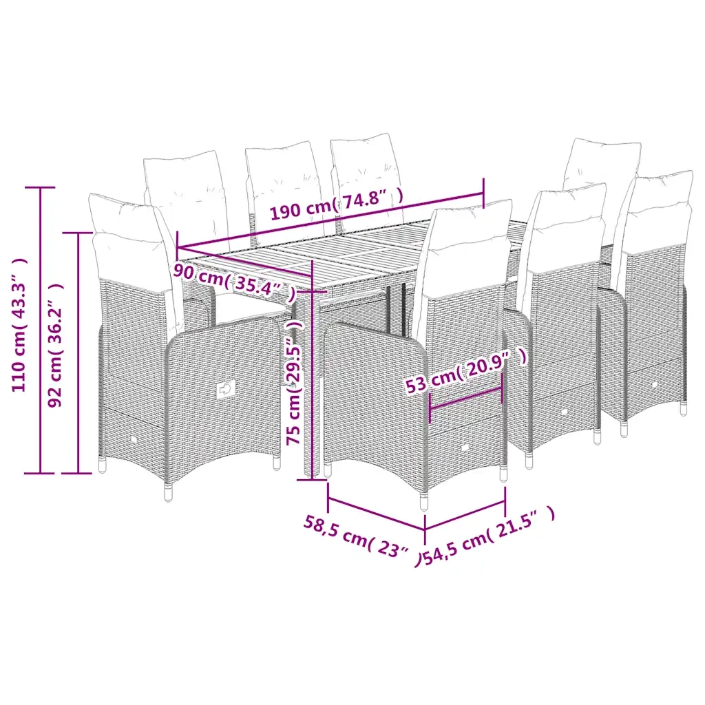 vidaXL Set Bistrò da Giardino 9 pz con Cuscini in Polyrattan Grigio
