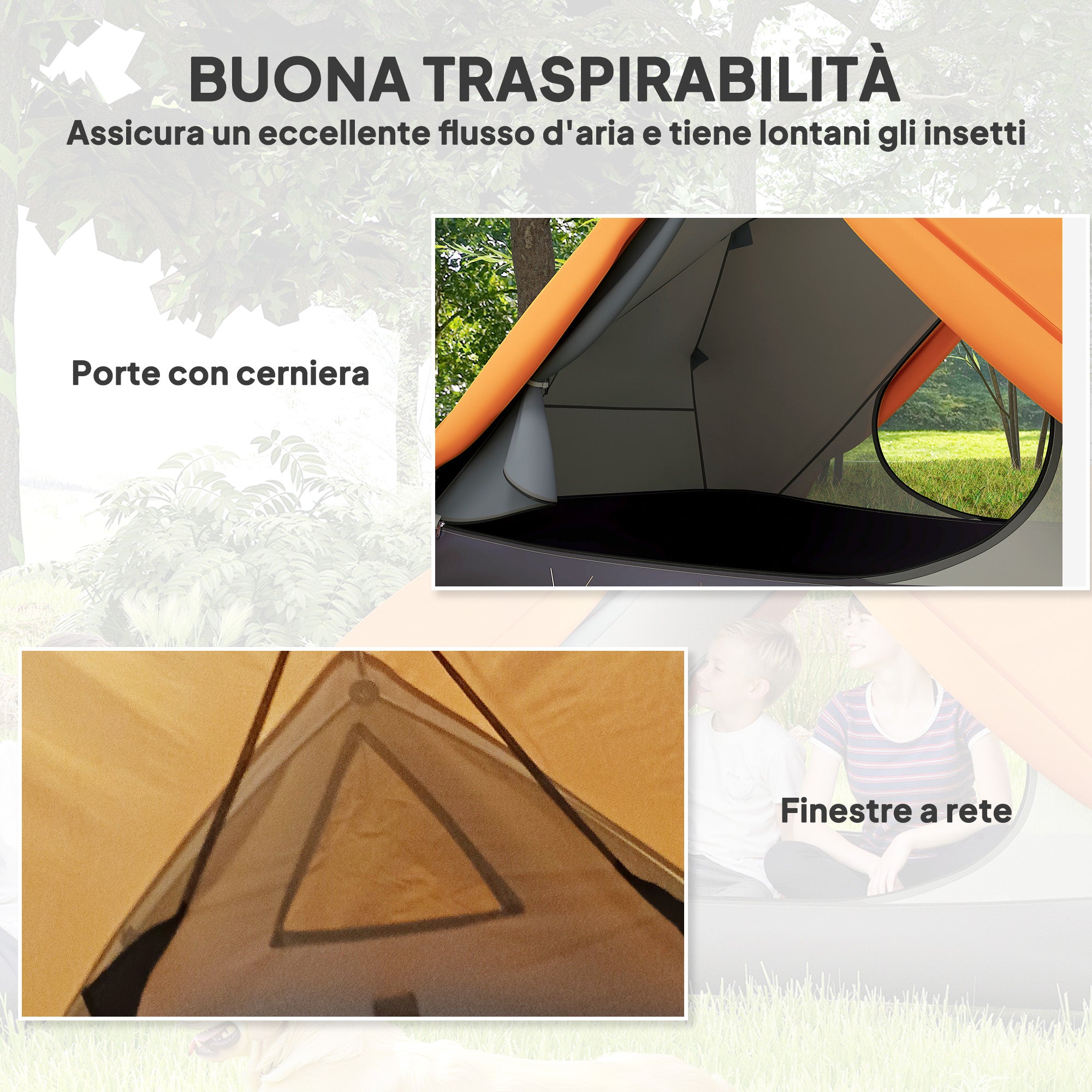 Tenda da Campeggio 2 Posti Impermeabile 280x225x110 cm con 2 Vestiboli e 2 Porte Arancione