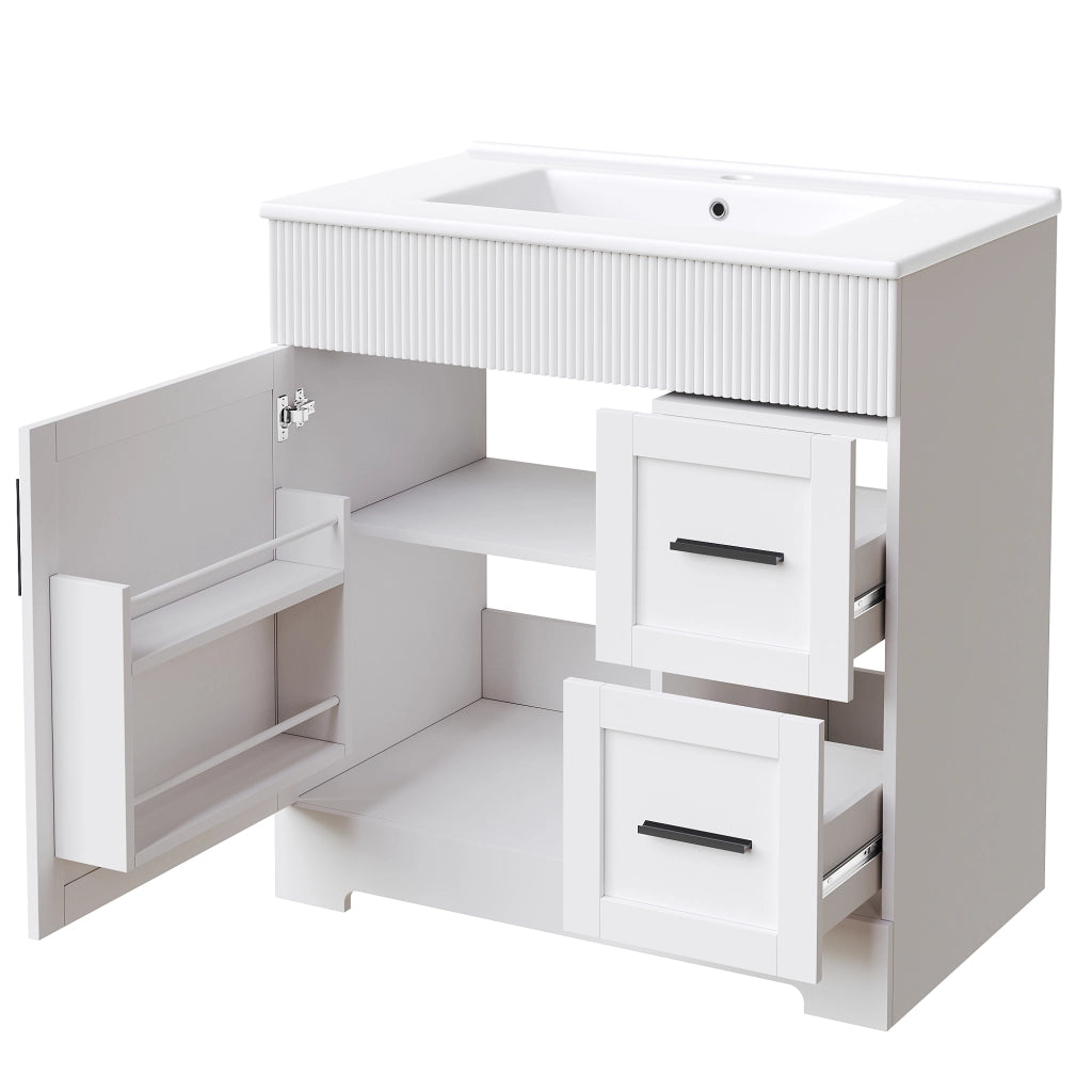 Mobile da Bagno con Lavabo in Ceramica e Cassetti ¨C MINIMAL ¨C Bianco con Ripiani e Cerniere in Metallo