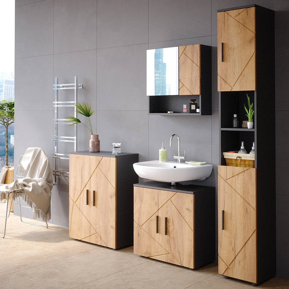 Set di mobili da bagno Irma Rovere dorato/Antracite 2 parti, con colonna Vicco