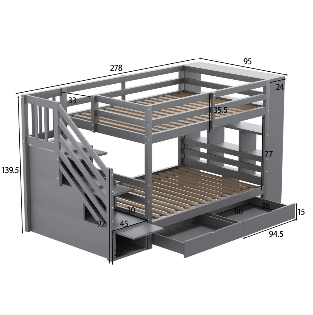 Letto a castello ULEVR 90x200 cm grigio con scala contenitore, 2 cassetti e vano laterale