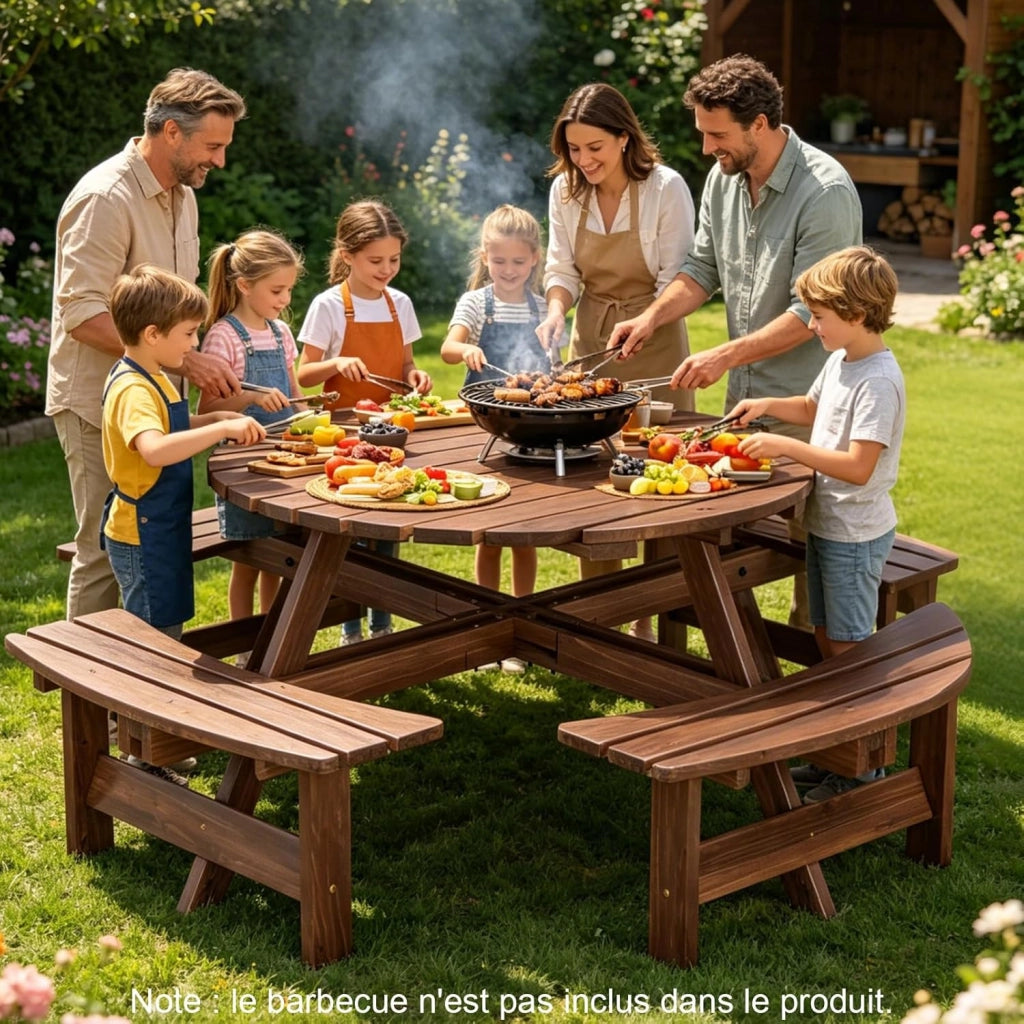 Set da Giardino per 8 Persone in Legno di Abete, Tavolo con Sedie Integrato e Foro per Ombrellone, Mobili da Esterno per Terrazza, Cortile e Pic-Nic, 178 x 70 cm