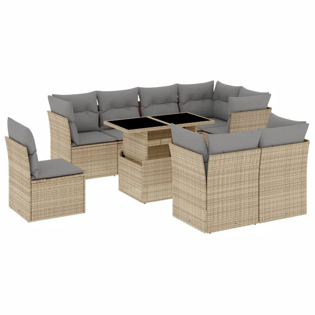 Set Divano da Giardino 9 pz con Cuscini Beige in Polyrattan