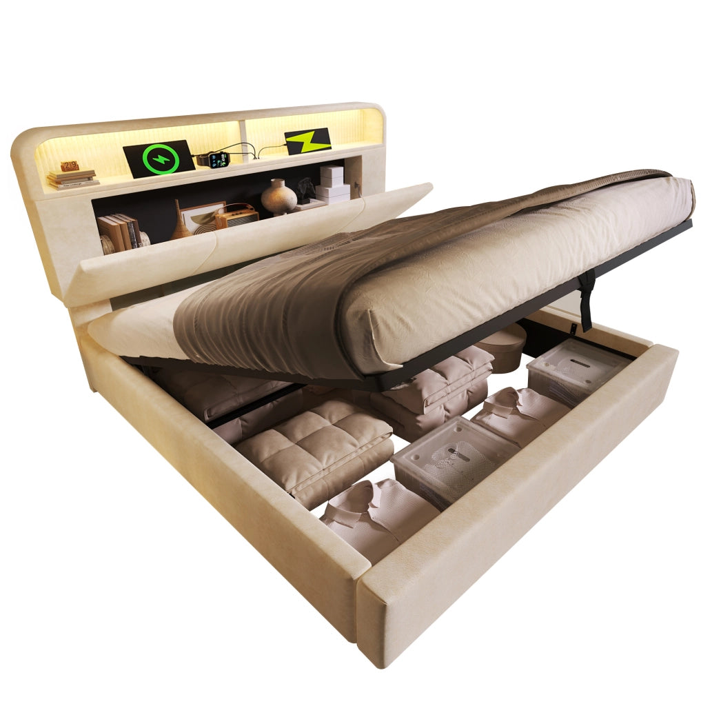 Letto matrimoniale 140x200 cm in velluto beige con contenitore; LED; USB e materasso