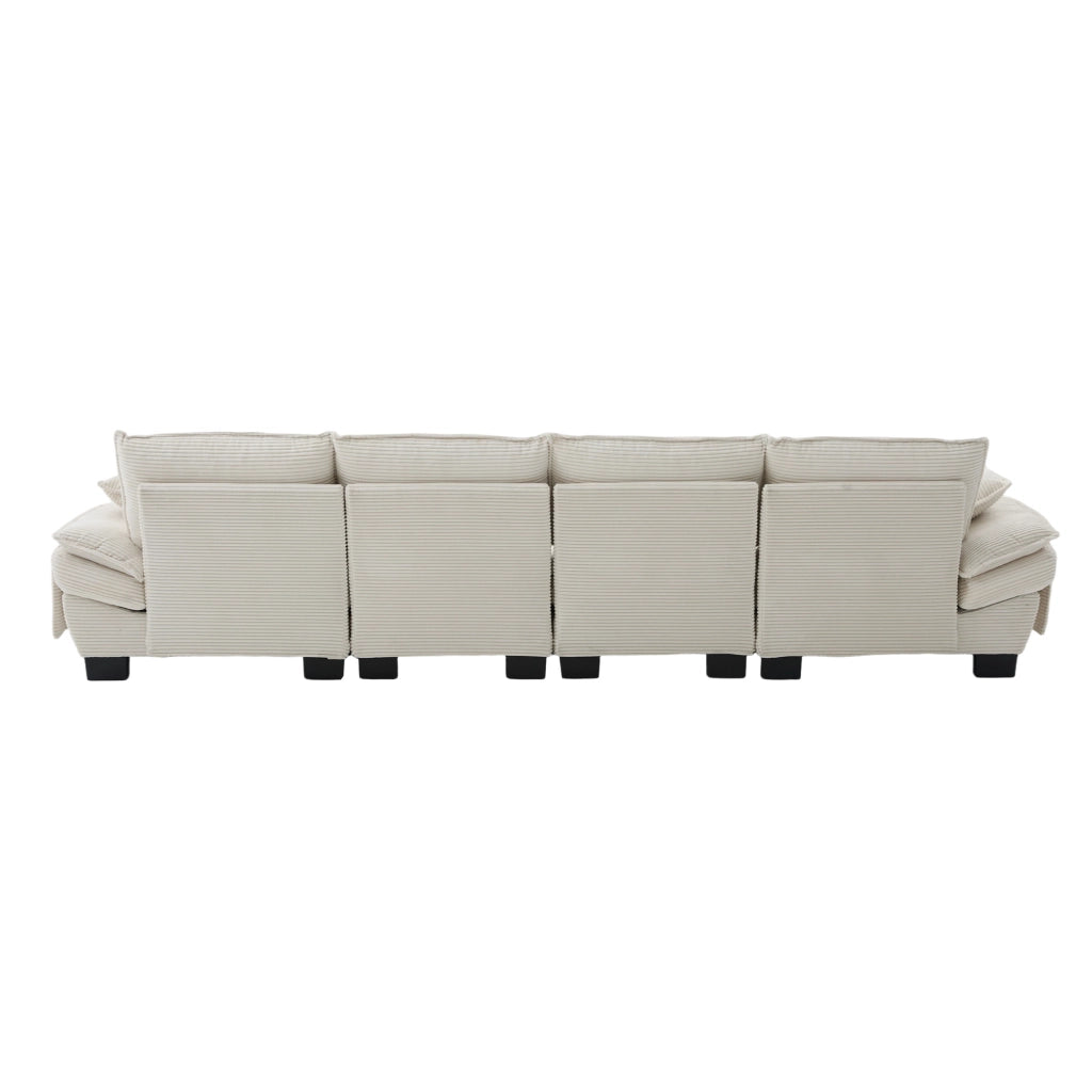 Divano modulare 4 posti con pouf, USB-C e tasche laterali, in velluto a coste, Beige, 330 × 132 × 84 cm