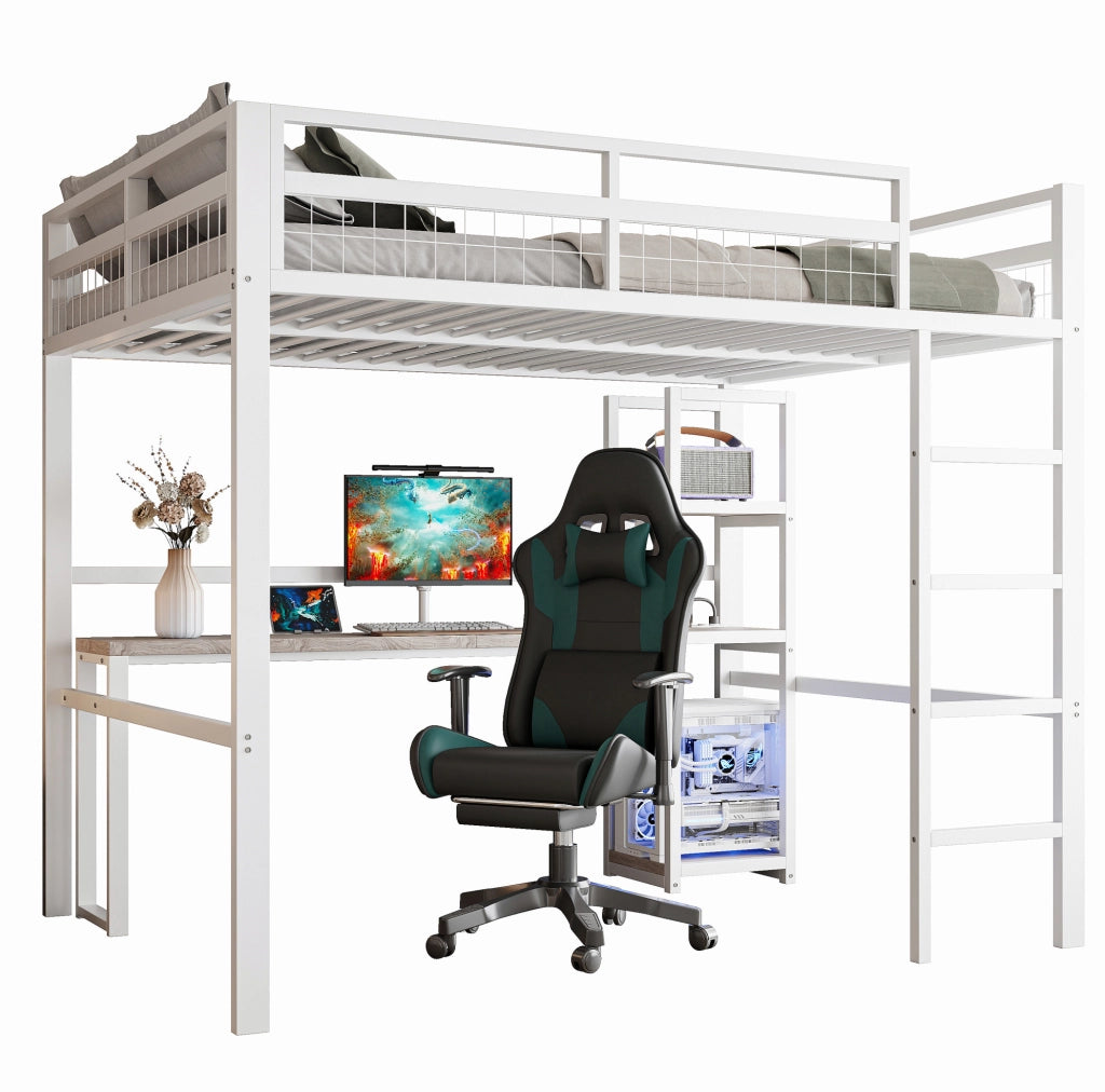 Letto a soppalco 140x200 cm con scrivania; scaffali e presa USB Type-C in metallo