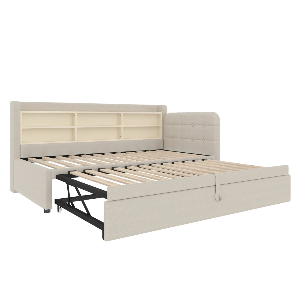 Divano letto estraibile 90x200 cm in lino beige con USB e Type-C