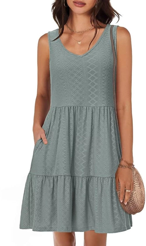 Abito estivo senza maniche a vita larga - donna con tasca - tessuto jacquard - respirante - elegante gonna - forma pantalone ampia