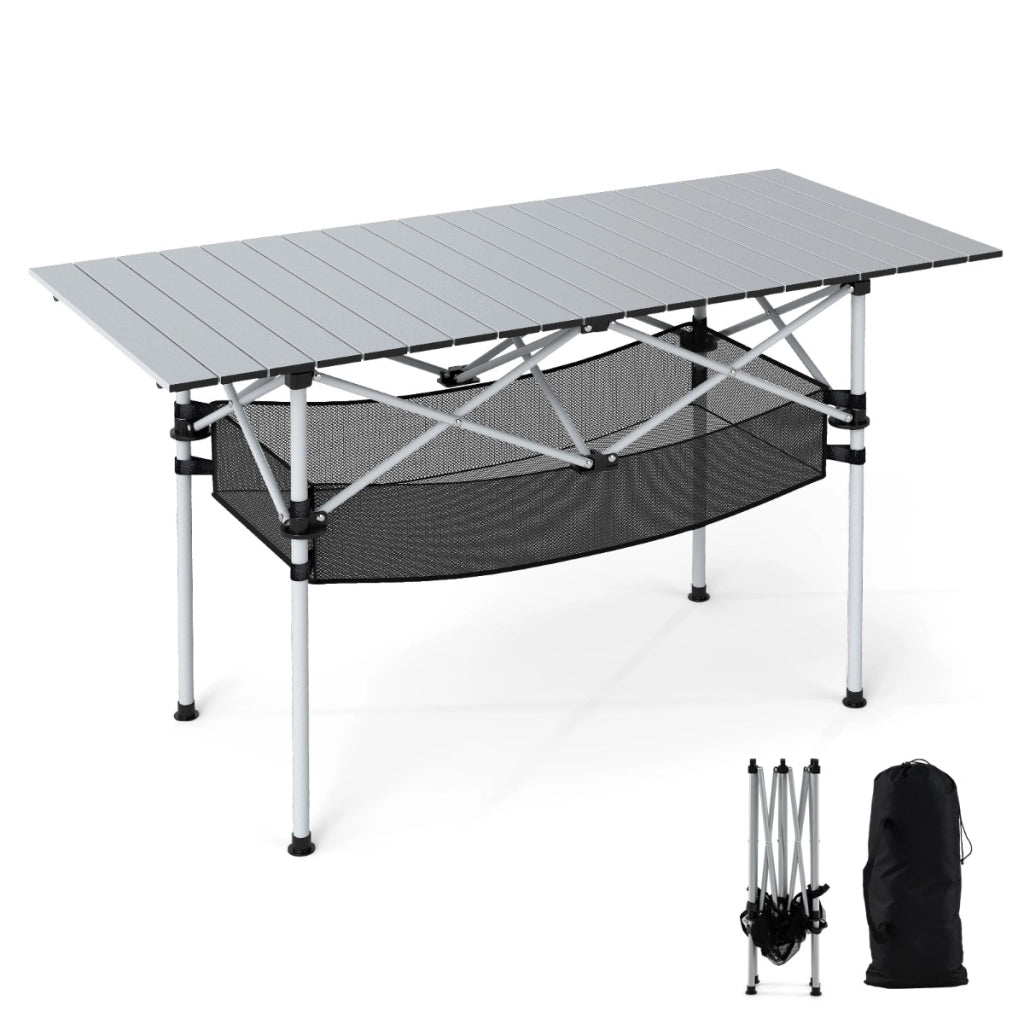 Tavolo da picnic portatile con piano in alluminio arrotolabile cestello in rete, Tavolo da campeggio pieghevole da esterno Argento