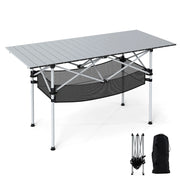 Tavolo da picnic portatile con piano in alluminio arrotolabile cestello in rete, Tavolo da campeggio pieghevole da esterno Argento
