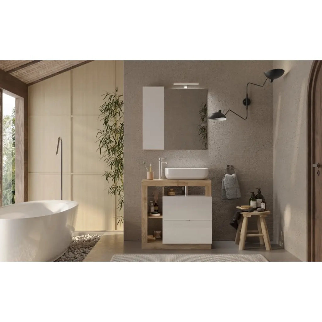 Mobile da bagno con lavabo e cassetti, lunghezza 79 cm, collezione BURA, bianco lucido/rovere chiaro