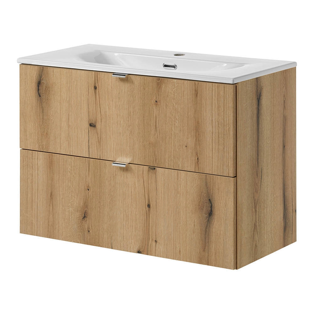 Mobiletto Sottolavabo NEWPORT a 2 Cassetti con Lavabo 80x57x39 cm - Effetto Rovere [en.casa]