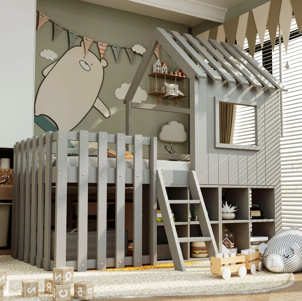 Letto a soppalco per bambini 90x200 cm a casetta con tetto e finestre; in legno grigio