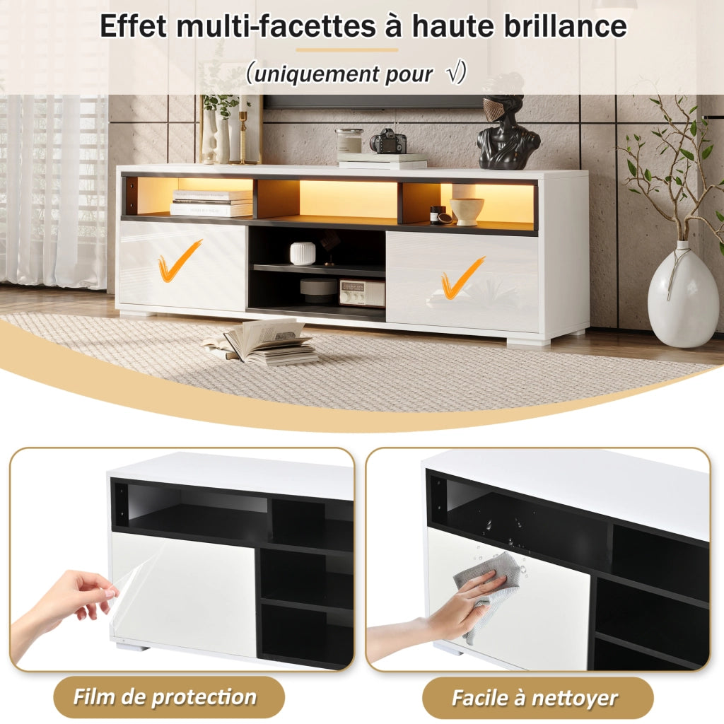 Mobile TV ULEVR 150x35x50 cm con LED USB, 2 ante push-to-open e vani aperti, bianco e nero