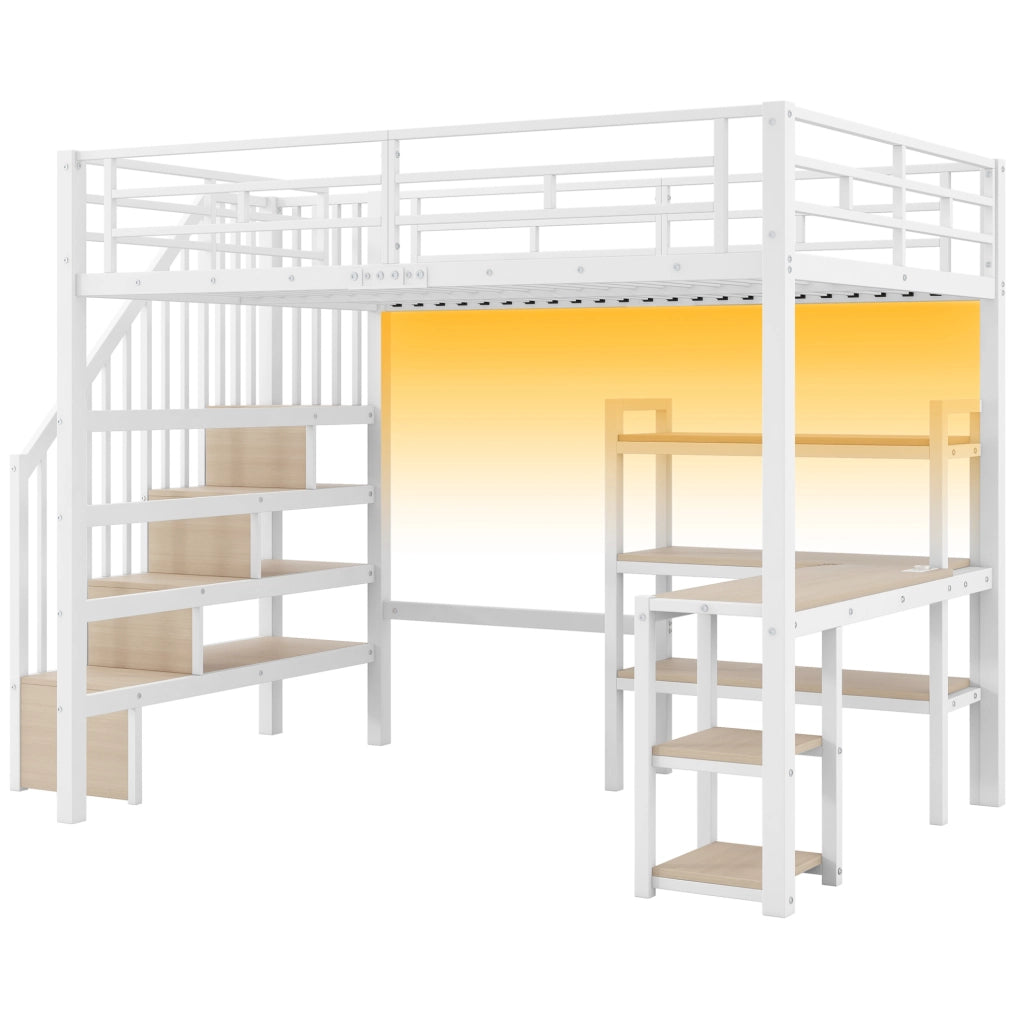 Letto a soppalco in metallo 140x200 cm con scala; scrivania integrata; ripiani e LED; bianco