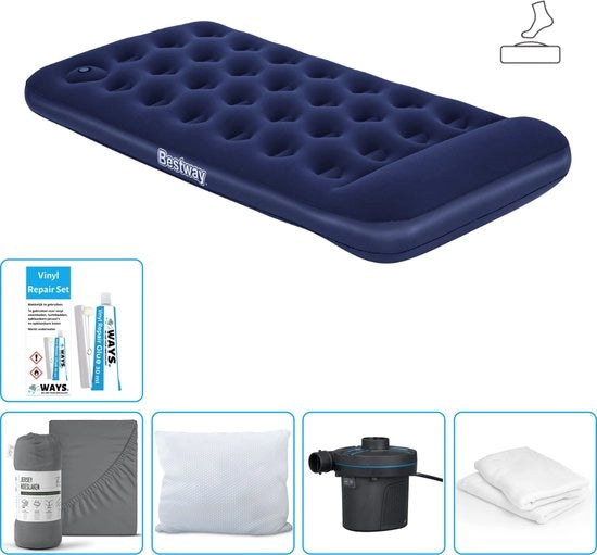 Lettino gonfiabile - 1 Persone - 99 x 188 x 28 cm - Blu - Incluso pompa - Sacco gonfiabile - Cuscino - Cuscino protettore - Pompa e set di riparazione