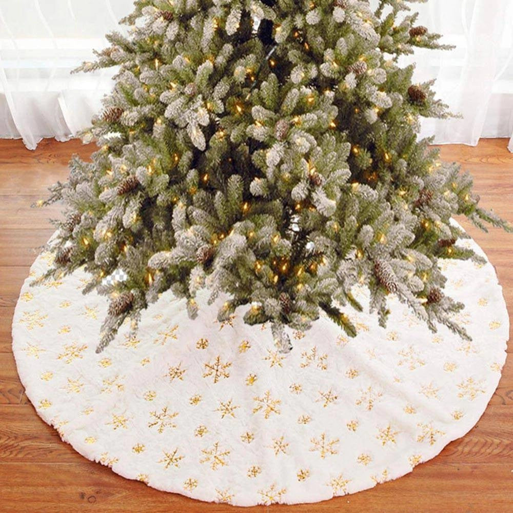 Trade Shop - Tappeto Gonna Copertura Base Albero Di Natale 80cm Peluche Fiocchi Di Neve Gold -