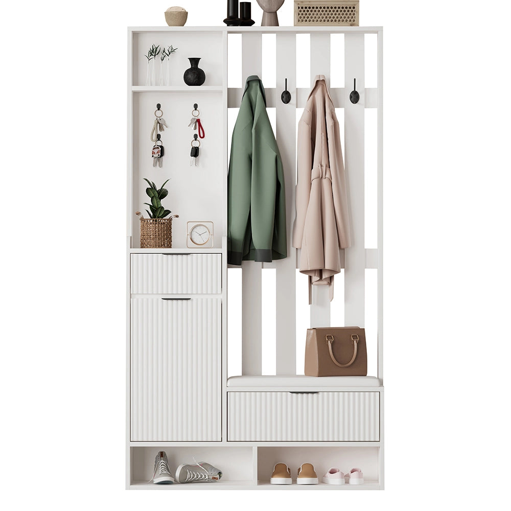 Appendiabiti 6 in 1 100x30x180 cm - Xylo - 8 ganci, panchina, ripiani, cassetti, protezione ribaltamento, bianco