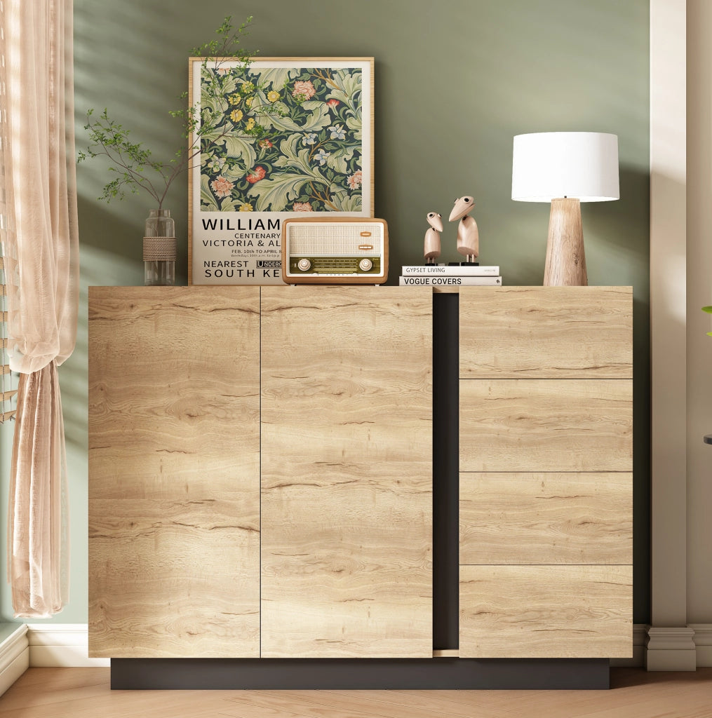 Credenza 120 cm con 2 ante e 4 cassetti nero e naturale
