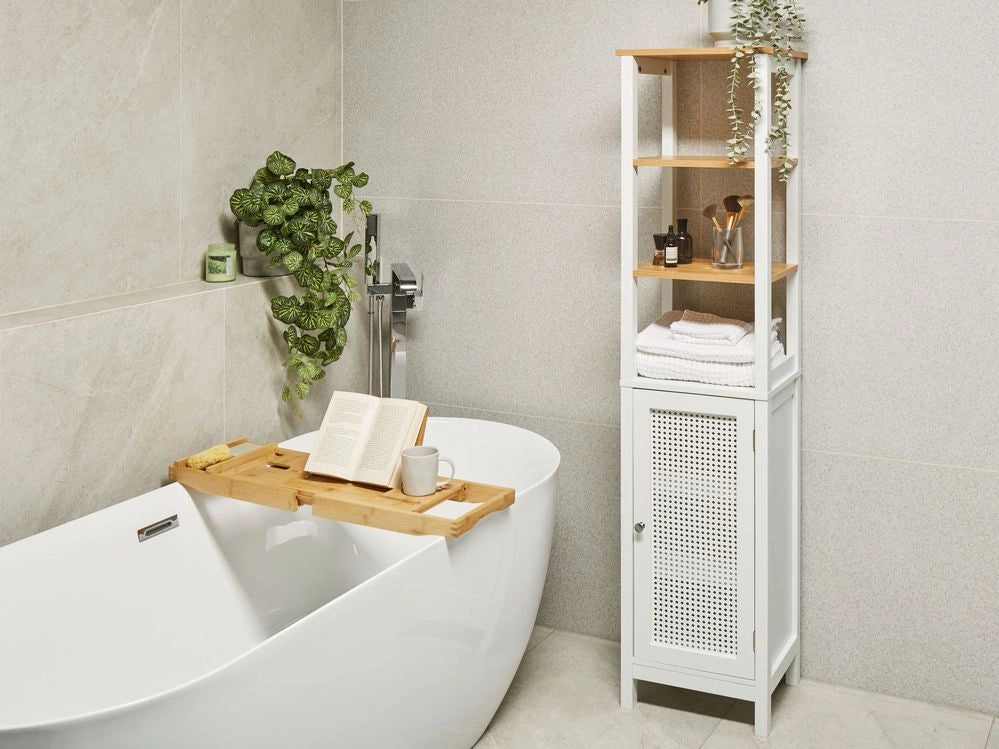 Mobile da bagno alto con ripiani in MDF bianco 30 x 160 cm armadietto