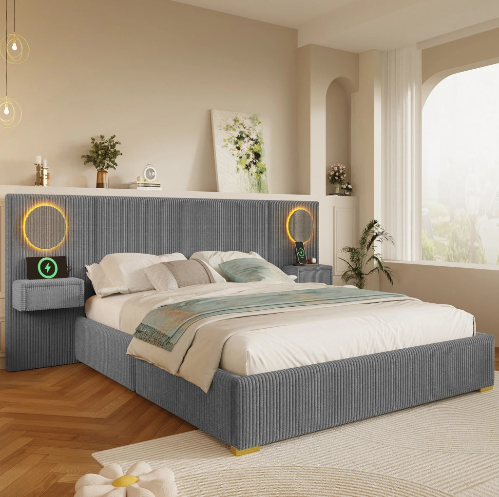 Letto imbottito in velluto grigio 180x200 cm con testiera LED, porte USB e cassetti comodino