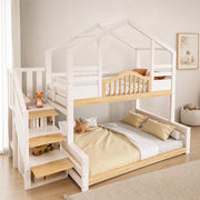 Letto a castello per bambini in legno bianco e naturale 90x200/140x200 con scala contenitore