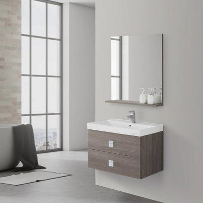 Mobile bagno sospeso 75x51 cm rovere scuro con due cassettoni completo di lavabo specchio e mensola Bravo