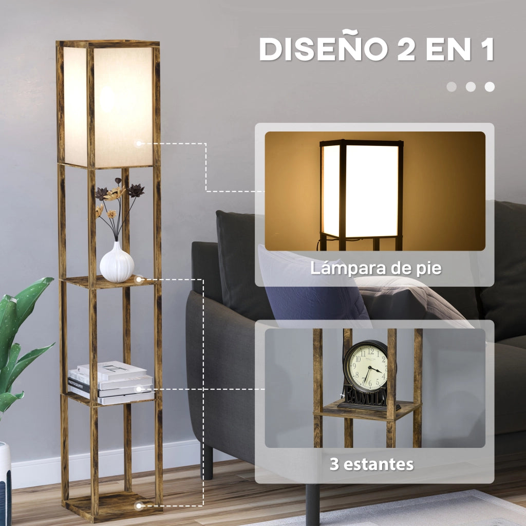 Libreria con Lampada da Terra 3 Ripiani ¨C Zephmum ¨C Legno Marrone 26x26x160 cm