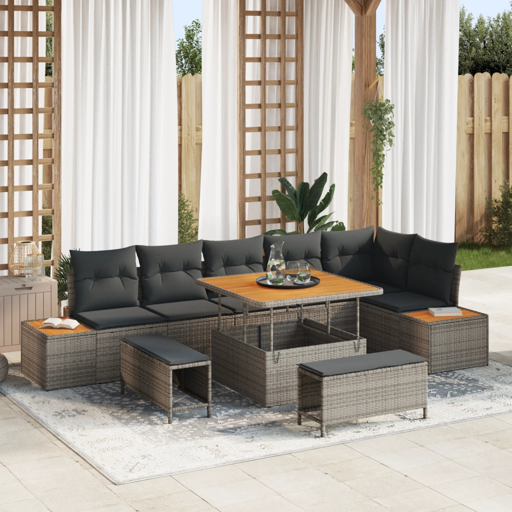 Set Giardino  9 Pezzi con Cuscini Grigio Rattan Polirene Acacia