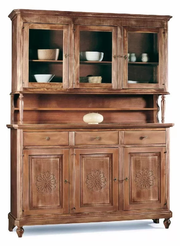 Cristalliera 3 porte 3 cassetti shabby vintage noce consumato - Mobili 2G