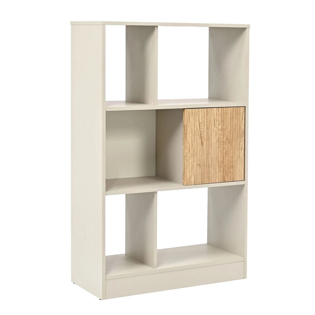 Libreria Karena Scaffale da Terra con Anta e 5 Vani Aperti 112x70x30 cm - Bianco Crema/Effetto Rovere [en.casa]