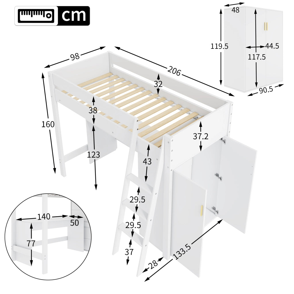 Letto a castello per bambini bianco con scrivania e armadio in legno massello 90x200 cm