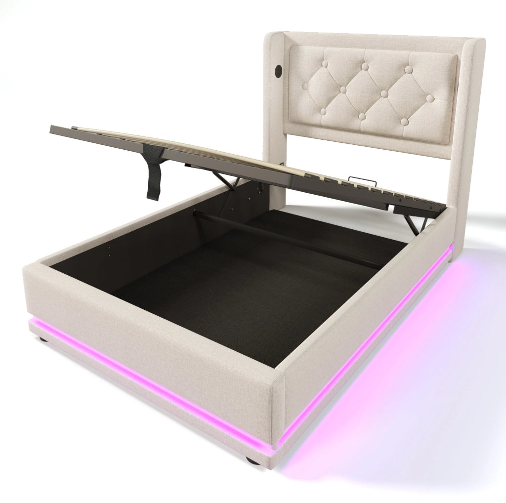 Letto contenitore 90x200 cm; USB Type-C e LED a 3 lati; cotone beige (Senza materasso)