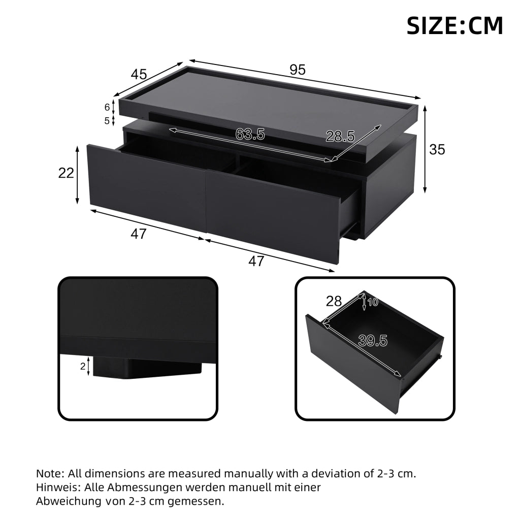 Tavolino da salotto 95x45x35 cm; LED con 2 cassetti; pannello truciolare; nero