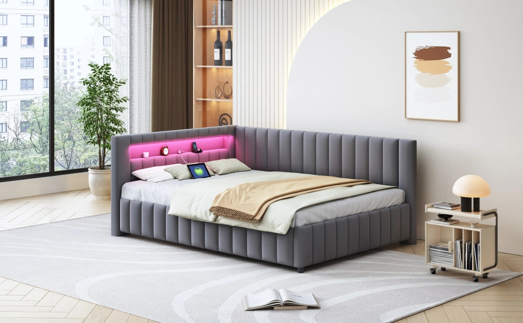 Letto poltrona imbottito in velluto con LED e porta USB grigio 140x200 cm
