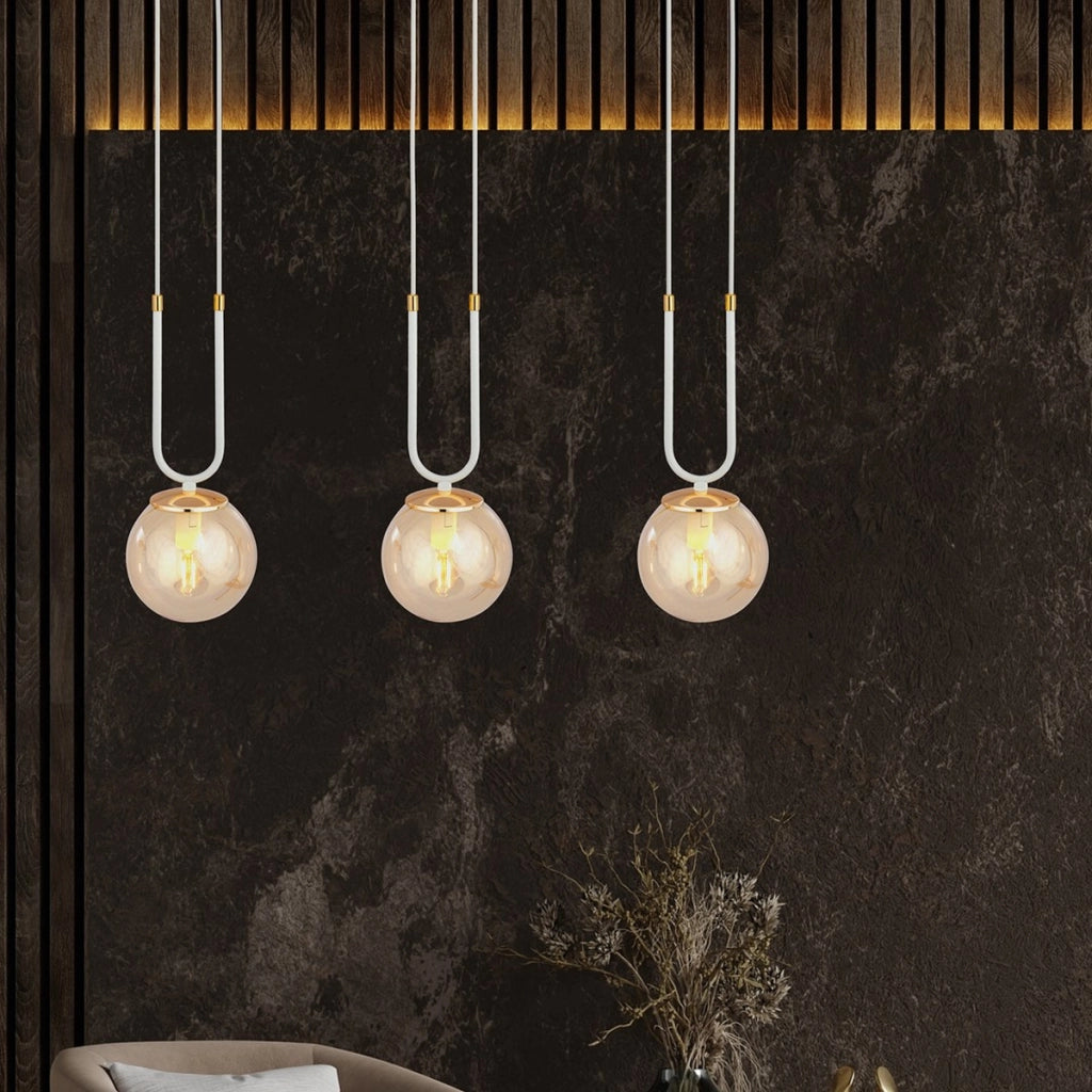 Lampada a sospensione GLAM in acciaio bianco e vetro ambra