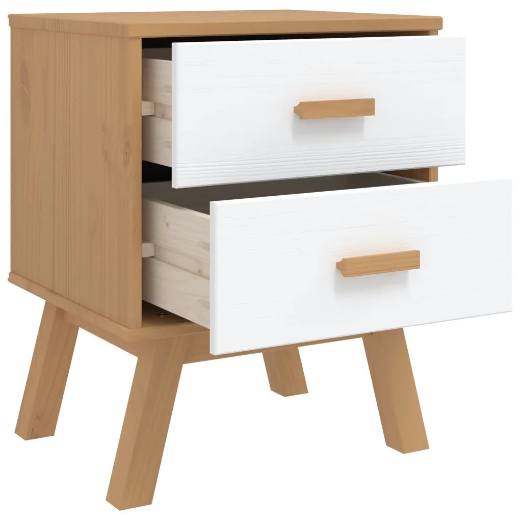 Comodino OLDEN Bianco e Marrone in Legno Massello di Pino 358584