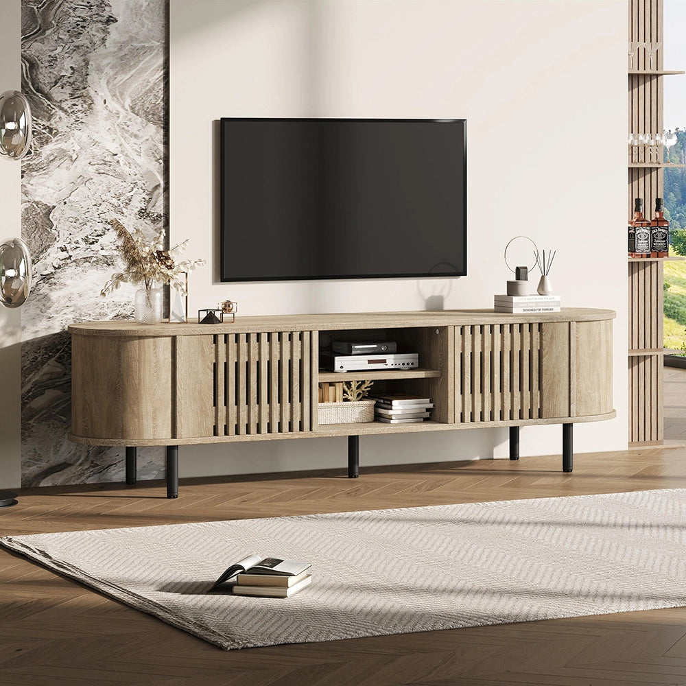 Mobile TV 160x40x47cm - Xylo - 2 Ante, Design Traforato, Colore Legno Naturale