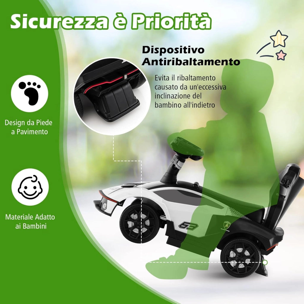 3 in 1 Lamborghini Auto a Spinta per Bambini, Macchina Cavalcabile con Impugnatura e Scatola di Stoccaggio, Ideale per Bambini 12-36 Mesi (Bianco)
