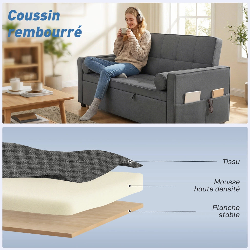 Divano letto 2 posti con letto gigogne e cuscini ¨C zephmum ¨C grigio 80,5x137,5x84 cm