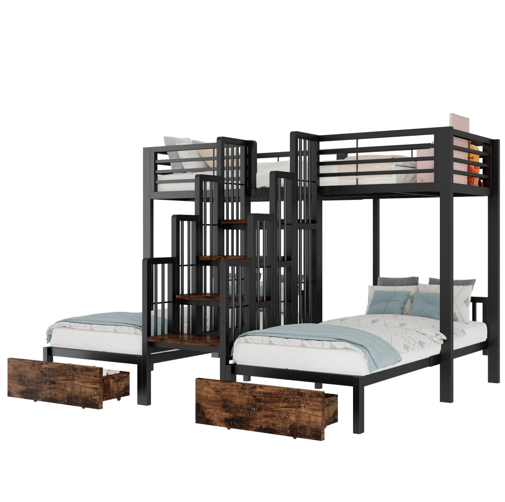 Letto a castello triplo 90x200 cm in metallo e legno; nero; con scala; sponde e 2 cassetti