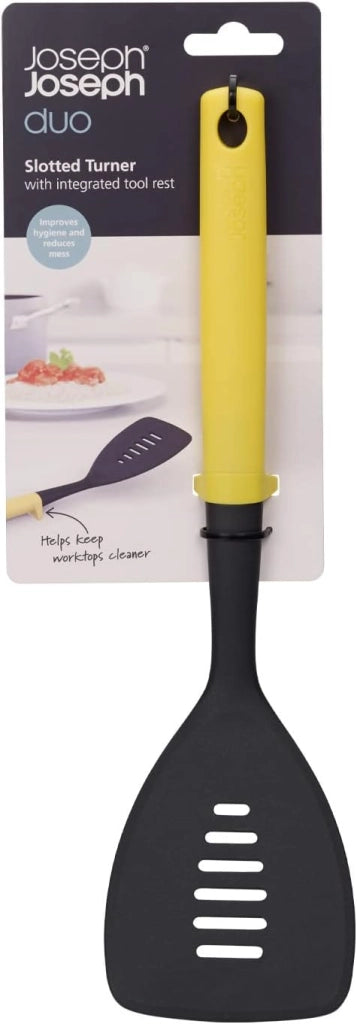 Joseph Joseph Duo Cucchiaio Forato Resistente al Calore, Cucchiaio da cucina con Poggiamestolo integrato, Antiaderente, Giallo Chiaro