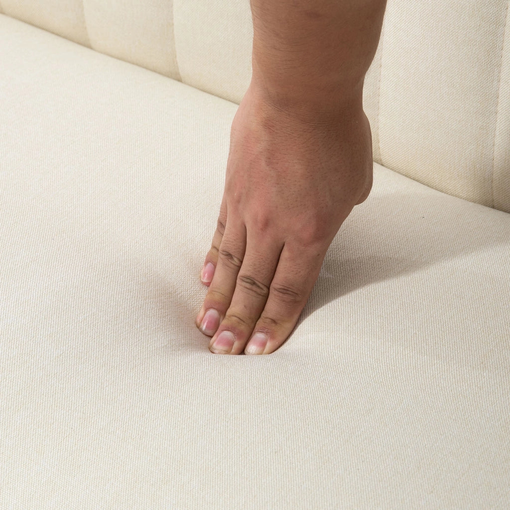 Divano 2 Posti 117x56,5x77 cm Senza Braccioli con Gambe in Legno e Tessuto Effetto Lino Bianco Crema