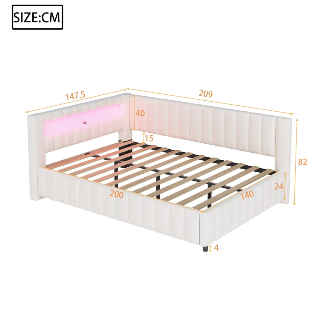 Divano letto angolare imbottito 140x200 cm in velluto beige con LED e porta USB