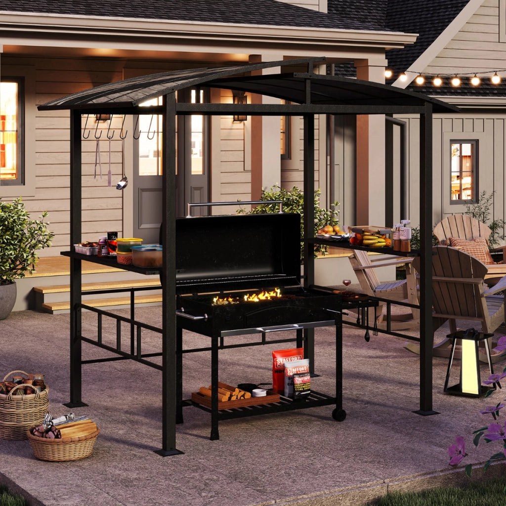 Gazebo barbecue con tetto in policarbonato ventilato mensole laterali ganci-Gazebo barbecue struttura in metallo Nero